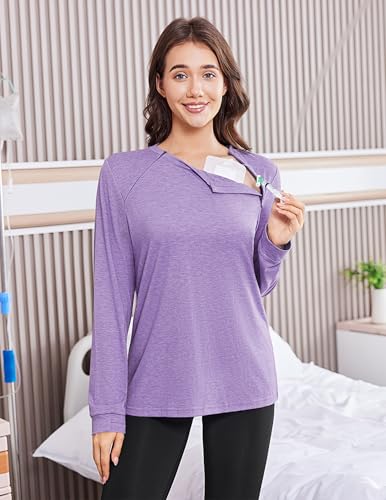 Deyeek Chemo Shirts for Port Access Women Long Sleeve Shoulder Post Surgery Shirt Dialysis Sweatshirts with Arm Zipper3