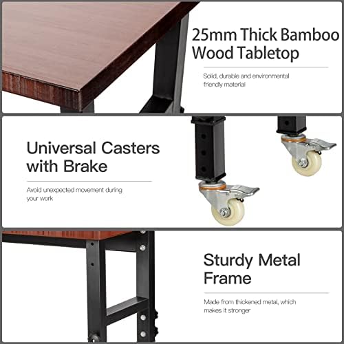 TANGZON 10-Level Height Adjustable Workbench, Heavy Duty Metal Frame Wide Bamboo Top Rolling Garage Work Bench with 4 Lockable Universal Wheels, Indoor Outdoor Large Workstation for DIY Workshop