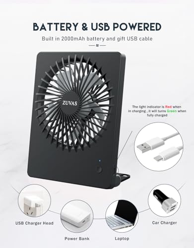 Zuvas Desk Fan Battery Operated, Rechargeable 180°Tilt Folding Personal Ultra Quiet Small Portable Fan 3 Speed Adjustable Strong Wind USB Fan For Office Bedroom Home Desktop Camping (Black) - Thumbnail 4