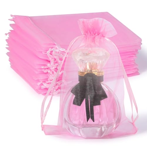 Image of Hopttreely 100pcs Pink Organza Bags Large, 6 x 9 inch Drawstring Gift Pouches Mesh Party Favor Bags for Christmas Wedding Baby Shower