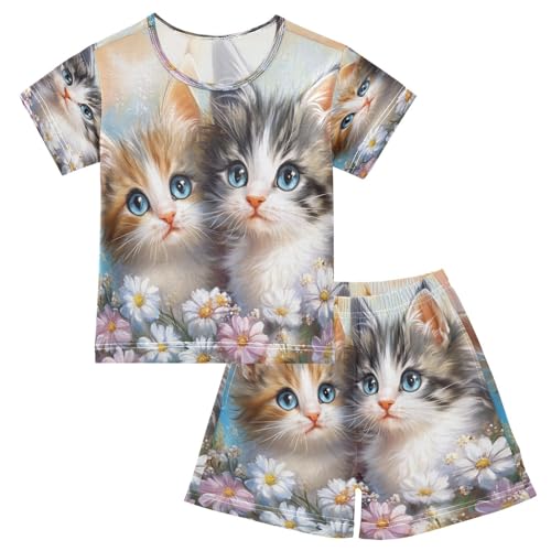 ALAZA Cute Cat Flower Blossom Floral Pajamas Set Short Sleeve Cotton Sleepwear Summer Pjs 2 Piece 5-14Y