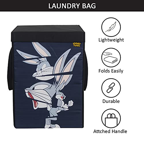 Image of PrettyKrafts 75 L Non Woven Bugs Bunny Rectangular Foldable Large Laundry Bag /Basket With Lid & Handles, Freestanding Clothes Storage Organizer for Bedroom (36x36x53cm, Black, Set of 1)