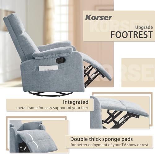 Image of Korser Swivel Rocking Recliner with Massage, Small Glider Chair for Nursery, Modern-Designed Armrests Chair for Adults Living Room, Chenille, Blue