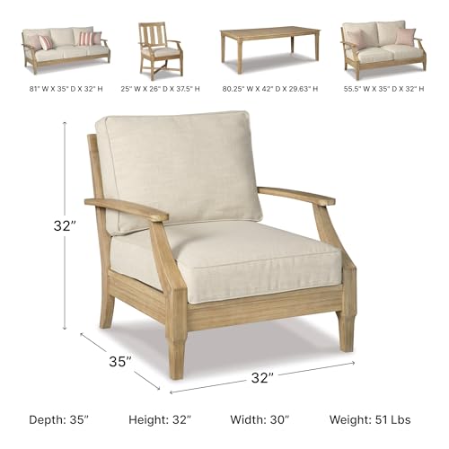 Signature Design by Ashley Clare View Outdoor Lounge Chair, All-weather Foam Cushion, Protective Finish, Eucalyptus Wood , 30" W x 35" D x 32" H, Beige