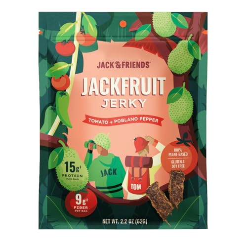 Jack & Friends Jackfruit Jerky - Tomatoes and Poblano Pepper - 15g Protein - 9g Fiber - 100% Plant Based Jerky - Gluten Free - Soy Free - Vegan - Low Sugar - All Natural Ingredients - 2.2 Oz (Pack of 1)