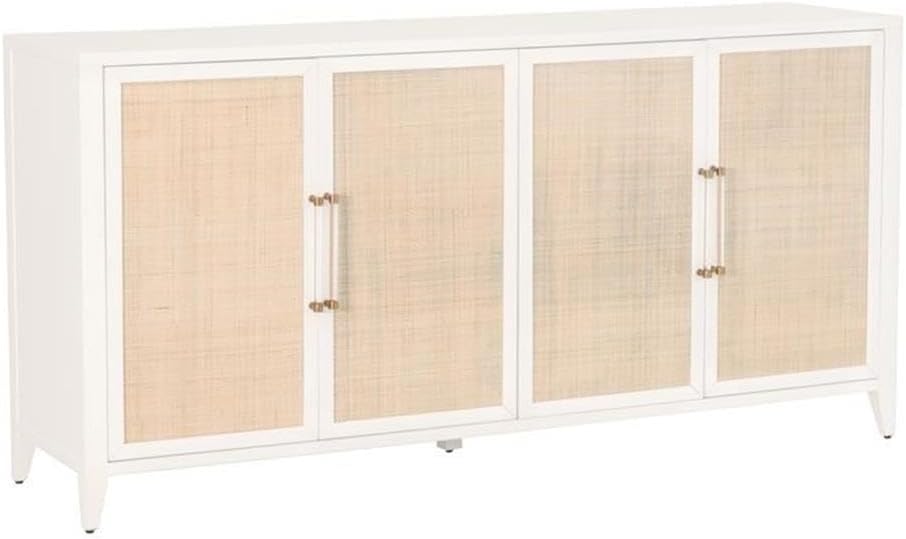 Pemberly Row Contemporary Media Sideboard, 71 in Wide, Rattan Inlay Wood, Matte White and Natural Finish, Brushed Brass and Acrylic Handles, Adjustable Shelves, Cord Management, Living Room Storage