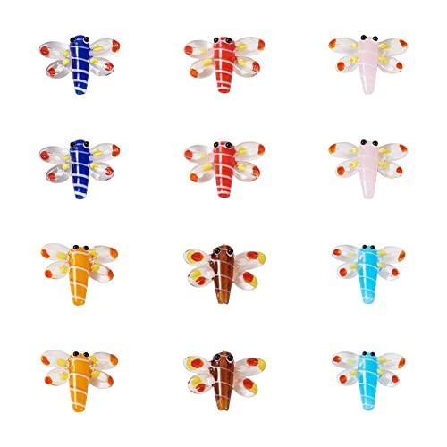 FASHEWELRY 12Pcs Dragonfly Lampwork Glass Beads 6 Colors Cartoon Flying Animals Glass Spacer Beads Handmade Lampwork Bead for DIY Jewelry Making