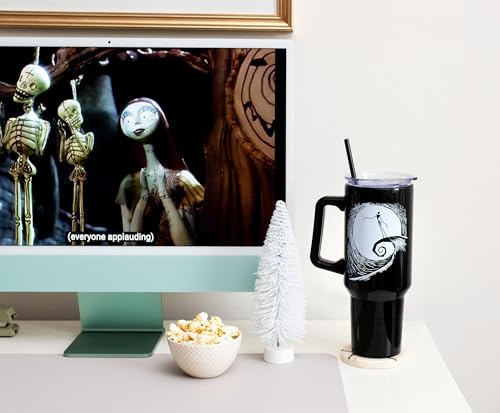 Image of Silver Buffalo Disney Nightmare Before Christmas by Tim Burton Jack Skellington Hill & Moon Drawing Double Walled Stainless Steel Tumbler with Handle and Straw, Fits in Standard Cup Holder, 40 Ounces