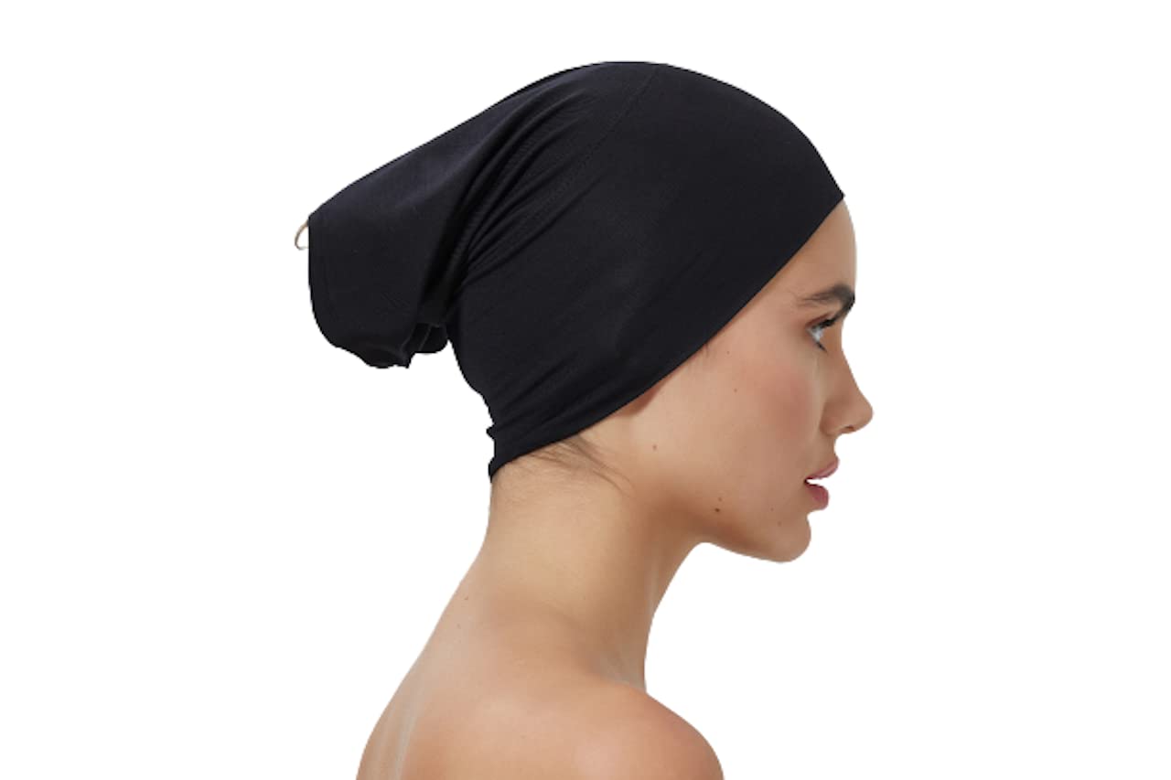 Comffy Women's Black Comfy Headwear | Underscarf Tube Bonnet | Under Hijab Tube Cap | Scarf Tube Stretchable Bonnet (Black)