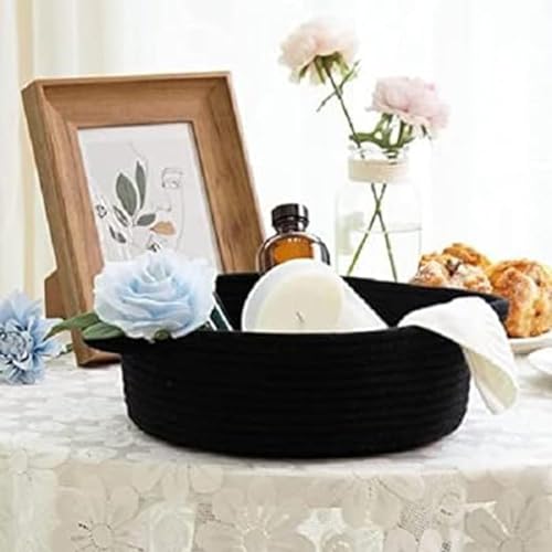 Image of AuraNest Set of 3 Black Cotton Rope Storage Baskets - Round Decorative Organizer Bowls for Kitchen, Snacks, Fruits, Keys, Tabletop Storage & Modern Home Decor (Black)