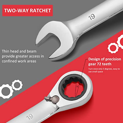 Towallmark 12-Piece Reversible Ratcheting Combination Wrench Set, Metric,8Mm-19Mm, Chrome Vanadium Steel Ratchet Wrenches Set With Rolling Pouch #TOP3