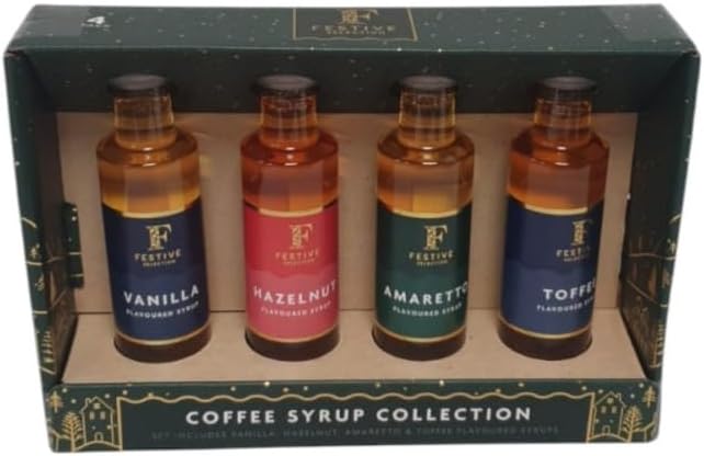 Coffee Syrup Collection Set   4 Assorted Flavours Vanilla Hazelnut Amaretto Toffee   Flavoured Syrups for Coffee Hot Drinks Desserts Cocktails