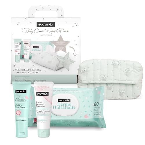 Suavinex, Cadeau bébé nouveau-né, panier bébé avec porte-lingettes en tissu avec crème pour la couche - pommade protectrice réparatrice + crème visage + lingettes dermohidratantes, bleu