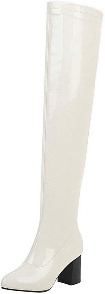 LUXMAX Womens Stretchy Over Knee Patent Leather Thigh High Stacked Chunky Heel Boots