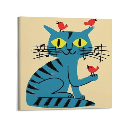 Poster chat oiseaux musique en toile haute définition style cadre