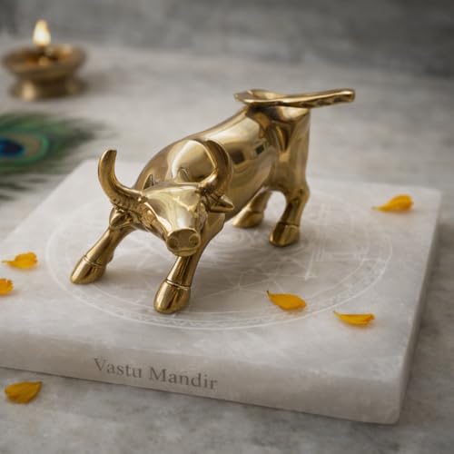 Image of Brass Charging Bull Statue, Vastu Feng Shui Remedy for Wealth and Prosperity, Solid Brass with Golden Finish, 14x10x10 cm, Office Desk Showpiece