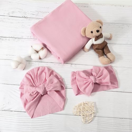 Image of DRESHOW BQUBO Baby Girl Newborn Receiving Blankets with Bow Hat Headband Wooden Birth Announcement Card Set Newborn Baby Swaddle Wrap Set Warm Shower Gift