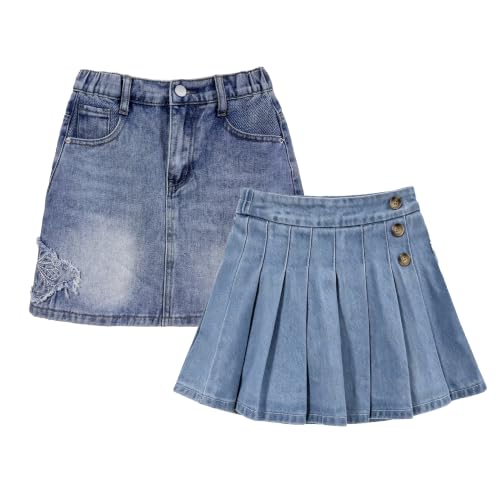 Image of ABALACOCO Jean Skirt for Girls 2Pack Denim Mini Skirt Shorts A-Line Kids Dress,Stretchy Waist Cotton Soft Button Wear 3-14T