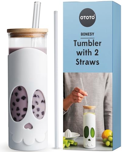 OTOTO-NEW-Bonesy-Glass-Tumbler-with-Straw-and-Lid-17oz-Cute-Glass-Water-Bottle-Tumblers-Goth-Accessories-Spooky-Gifts-Halloween-Skull-Glass-Cup-with-Lid-and-Straw-Goth-Gift-White OTOTO NEW Bonesy Glass Tumbler with Straw and Lid 17oz Cute Glass Water Bottle Tumblers Goth Accessories Spooky Gifts Halloween Skull Glass Cup with Lid and Straw Goth Gift White