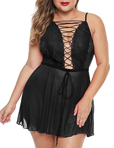 XAKALAKA Women Plus Size Lace Up Babydoll Lingerie Lace Mesh Strappy Chemise Sleepwear Black XXXL
