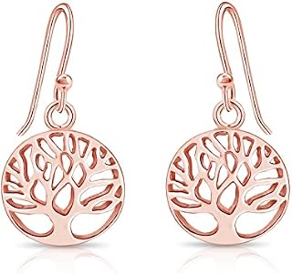 DTPsilver® 925 Sterling Silver, Yellow or Rose Gold Plated Drop/Dangle Hook Tree of Life Earrings - Diameter: 13 mm - Dimensions: 13 x 26 mm