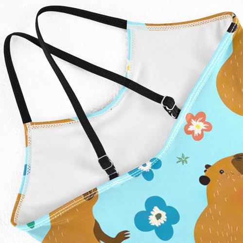CHIFIGNO Cute Capybaras Flowers Girl One Piece Swimsuit, Spaghetti Straps, Cross Back Design, Ages 3T4