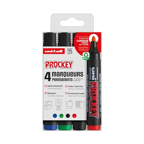 Uni Prockey - UNI-BALL - Uni Mitsubishi Pencil - Marqueur Permanent Inodore PM122 - Multisupport, Base Eau, Sans Odeur - Pointe Conique Moyenne 1,2-1,8 mm - Emballage Zéro Plastique, Lot de 4 Couleurs