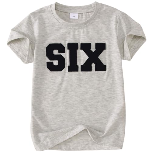 BOUTIKOME 6th Boys Birthday Shirts Six Kids Embroidery T-Shirts Baby Birthday Outfit Toddler Party Chenille Patch Tee Tops(Grey-6Y)