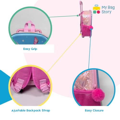 mybagstory | Torba na kółkach 3D | Wzór jednorożca | 33x10x27 cm | Mały różowy plecak na kółkach do przedszkola. Piękny wzór z wytłoczonym jednorożcem zachwyci Twoją małą dziewczynkę.