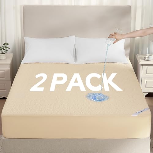 Image of BEDLORE 2 Pack Waterproof Mattress Protector, Queen Size Mattress Pad with Deep Pocket 6 inch-18 inch Depth, Soft Breathable Bed Mattress Cover for Home, Bedroom, Hotel (Beige)