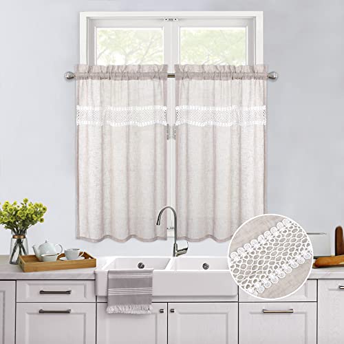 Caremee Semi Sheer Kitchen Curtains 24 Inch Length Tier Curtains Short Window Curtain With Lace Tassel Farmhouse Cafe Curtains Linen Textured Window Treatment Set For Living Room, W27 X L24, Khaki #TOP1