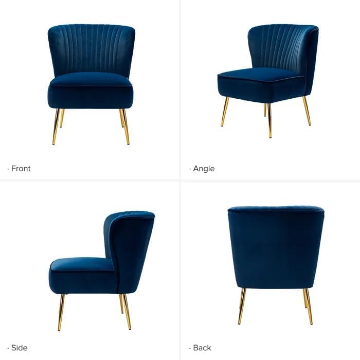Image of Modern Upholstered Accent Velvet Chair Single Seater Channel Tufted Wing Back Chair with Golden Matel Legs for Living Room, Bedroom, Dining Room, Navy Blue