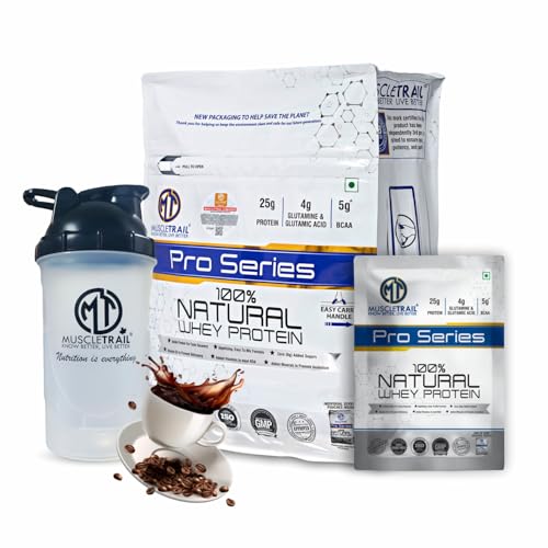 Image of MuscleTrail Pro Series Whey Protein, 50 Pouches, 25g Protein, Isolate Source, Low Carb, 4g Glutamine & Glutamic Acid, 5g BCAA, 1.79kg (1.550 KG, Cappuccino)