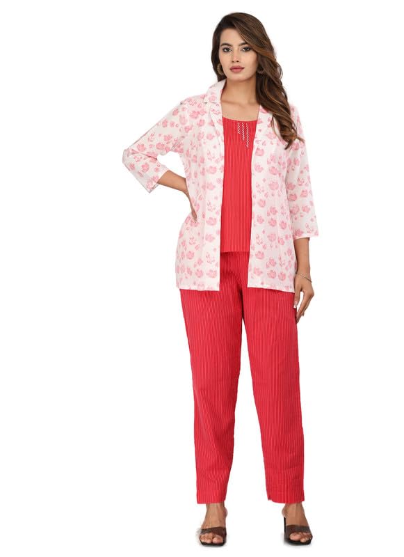 Women's Pure Cotton Red Kantha Top and Bottom with Floral Printed Jacket coord set-picture-51