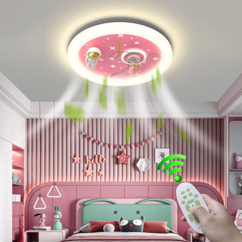 qudkdhs Ventilador de Techo con iluminación LED Lámpara de Techo Creativa de Dibujos Animados de Astronauta para habitación de niños con Ventilador, Control Remoto, silencioso, 6 Velocidad