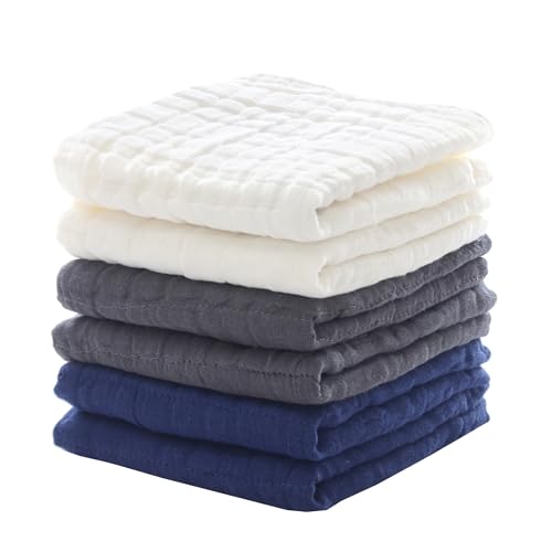 Image of MUKIN Small Baby Washcloths, Soft Face Cloths, Newborn Absorbent Bath Wipes, Burp Cloths or Muslin Cotton Towels, Pack of 6, 12x12 inches (White,Dark Gray,Royal Blue)