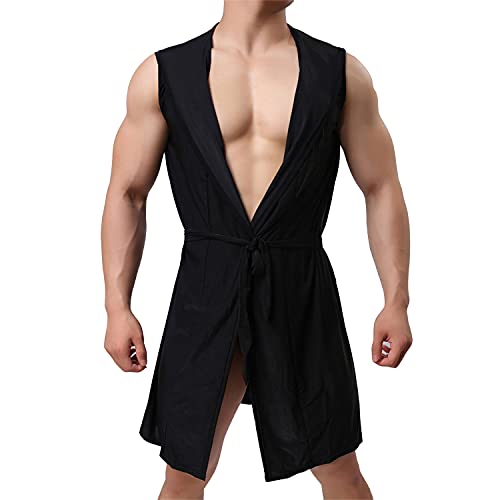 Lu's Chic Men's Silk Kimono Robe Hooded Bathrobe Sleeveless Lightweight Sleepwear Pajamas3