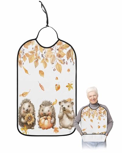 LEOKOTI Fall Hedgehog Adult Bibs for Eating, Waterproof Bibs with Food Catcher & Adjustable Snap Closure, Pumpkins Maple Leaf Orange Washable Clothing Protectors Adult Bibs for Elderly Women/Men