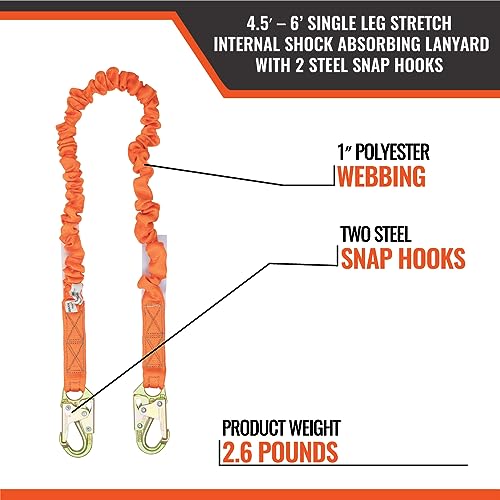 Image of Malta Dynamics 6' Stretch Shock Absorbing Fall Protection Lanyard, OSHA /ANSI Compliant (Pack of 2)