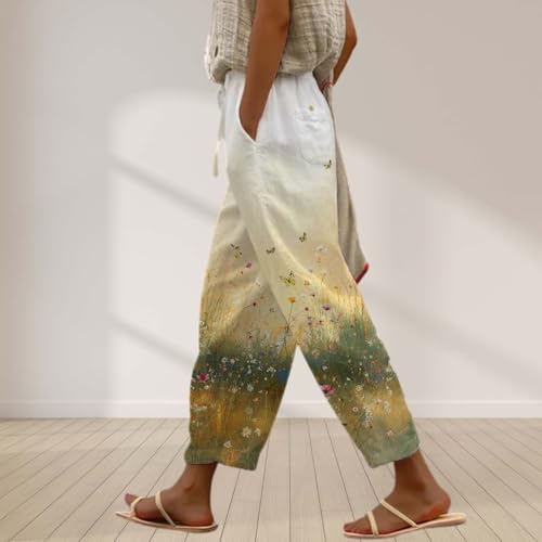 Boho Cotton Linen Pants for Womens 2025 Summer Casual Drawstring High Waisted Capri Pants with Pockets2