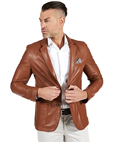 D'Arienzo Lederjacke Herren Echtleder Lederfarben Cognac Italienisch Lederblazer mit Zwei knöpfen Echtes Leder Made in Italy Luke 54/lederfarben Cover