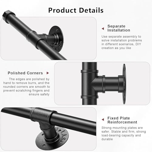 Sunowl Handlauf Treppe, Handläufe für Treppen 3M, Treppengeländer Innen und Außen, Verzinkter Handlauf Schwarz für Behinderte Kinder Altere, Wandhandlauf für Küche BadGarten Treppen