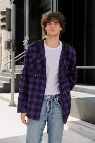 Cromoncent Men's Long Sleeve Hoodie Jacket Plaid Button Down Flannel Shirt Jacket,Hooded Purple Black,Small — view 2