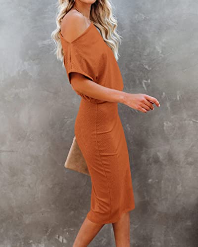 Image of EZBELLE Women's Summer Dress Off The Shoulder Short Sleeve Ribbed Casual Party Bodycon Midi Dresses