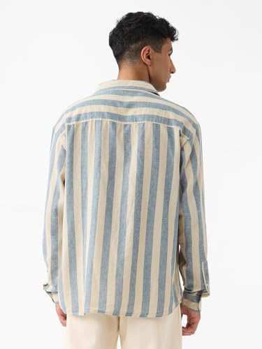 Image of The Souled Store Cotton Linen Stripes: Ashen Men and Boys Long Sleeve Spread Collar Button Front Green Striped Regular Fit Easy to Dress Officewear Casual Cotton Linen Shirts