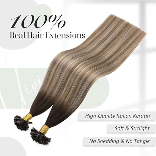 Vivien Balayage U tip Hair Extensions Real Human Hair Dark Brown Ombre Light Brown with Medium Blonde U Tip Hair Extensions Hot Fusion Nail Tip Human Hair Extensions 22 Inch 50g/50s #3/8/24 - Image 3