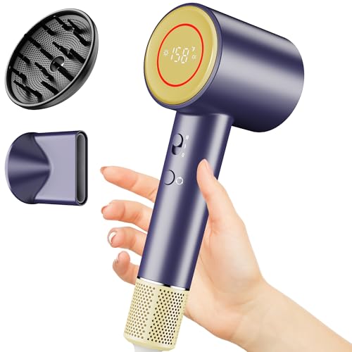 Kitcanis Travel Curly Hair Blow Dryer - Professional Ionic Hair Dryer with Diffuser & Nozzle Attachments (Dark Blue)