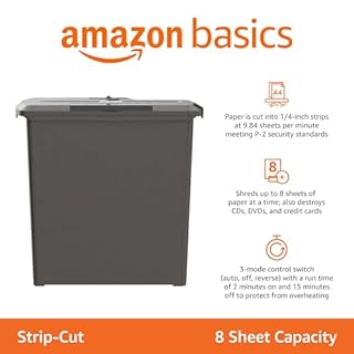 Amazon Basics 8-Sheet Strip Cut Paper Shredder for Home and Office, CD/Credit Card Shredder, 3.4 Gallon Bin, Black