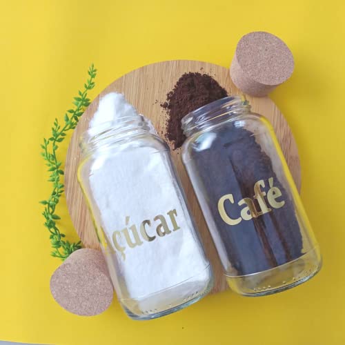 Kit Cantinho do Café com 2 Potes de Vidros+ Adesivos Gold com Tampa Rolha Cortiça