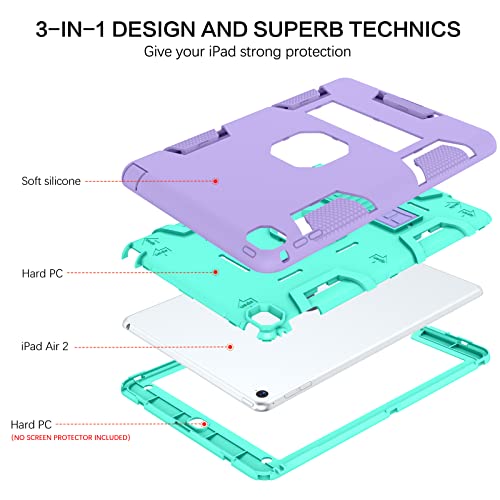 Bentoben Ipad Air 2 Case, Ipad Air 2Nd Generation Case, 3 In 1 Heavy Duty Rugged Shockproof Kickstand Protective Kids Girls Women Boys Men Tablet Cover For Ipad Air 2 A1566 A1567 (2014), Purple/Green #TOP3
